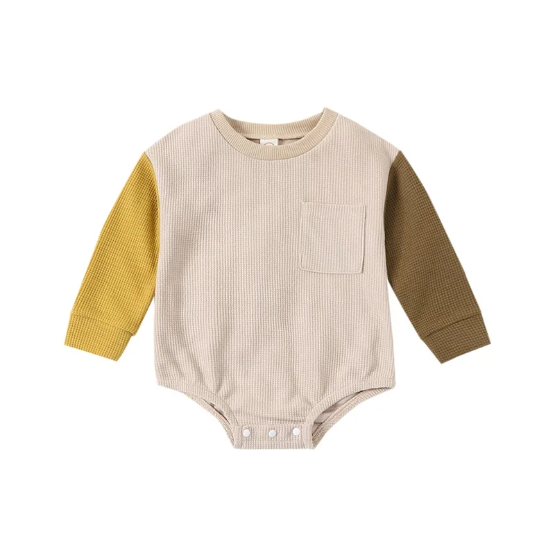 Детский осенний комбинезон, повседневный комбинезон с длинным рукавом и круглым вырезом, контрастного цвета, вафельное боди, теплая одежда для младенцев