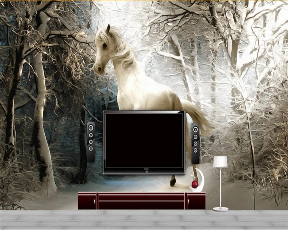 beibehang Фоновое оформление детской комнаты 3D обои лес снег лошадь к успеху ТВ обои для стен 3D behang