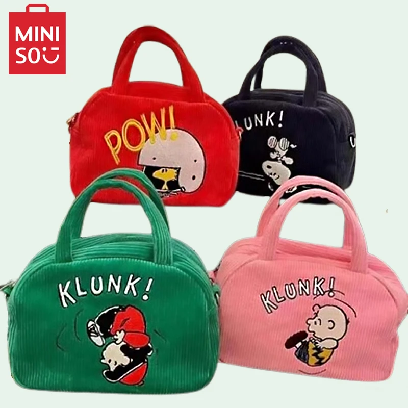 Miniso Snoopy Вельветовая сумка-тоут, мультяшная вышивка, холщовая сумка через плечо на молнии, студенческая сумка через плечо для женщин, сумка для хранения