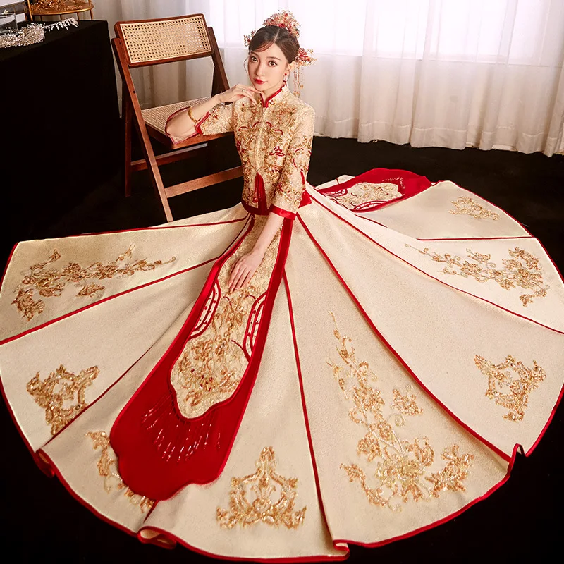 Китайское Этническое Трендовое Свадебное Платье, высококлассный Костюм Традиционной невесты, шампанское, золотой Сюхэ, свадебная Церемония, Одежда Для Пары