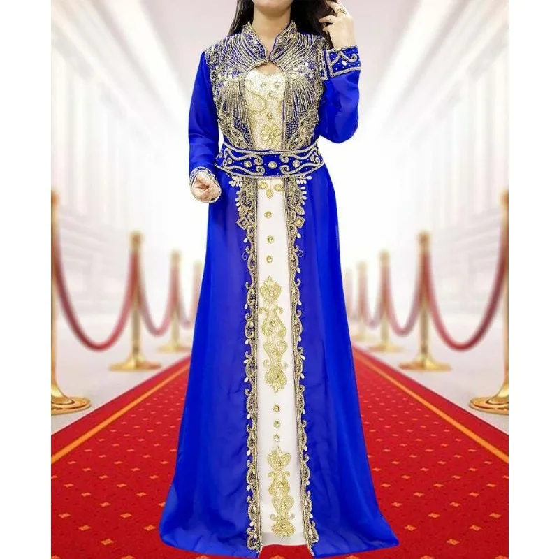 Свадебные платья Dubai Kaftan длиной до пола, жакет, королевский синий с белой подкладкой, комплект из 2 предметов
