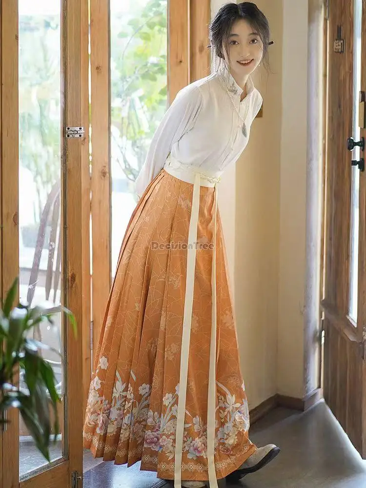 2023 китайская традиционная ханьфу династии мин женская улучшенная рубашка с длинным рукавом и воротником-стойкой, юбка с принтом, комплект из двух предметов на каждый день