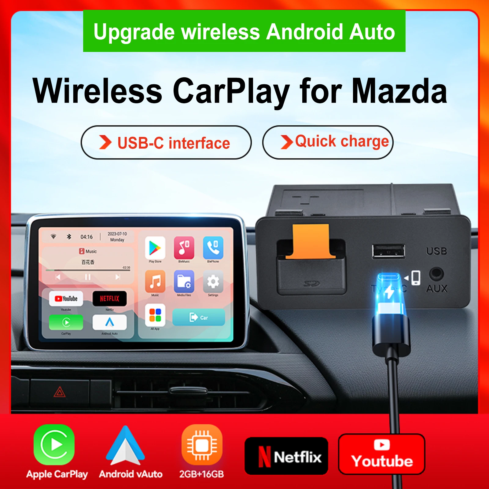 Интерфейсный модуль USB-C Двухъядерный Беспроводной CarPlay Android Auto 2G + 16G для модернизации OEM Mazda CX3 CX5 CX8 CX9 MX5 для Mazda 2 3 6