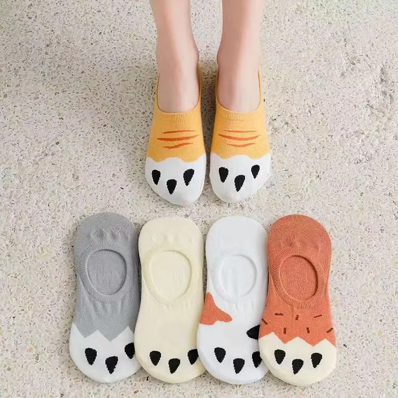 5 пар летних носков-невидимок из мультфильма Харадзюку, кавайные носки с кошачьими когтями, забавные носки с клубникой, коровой, медведем, кошкой, женские носки