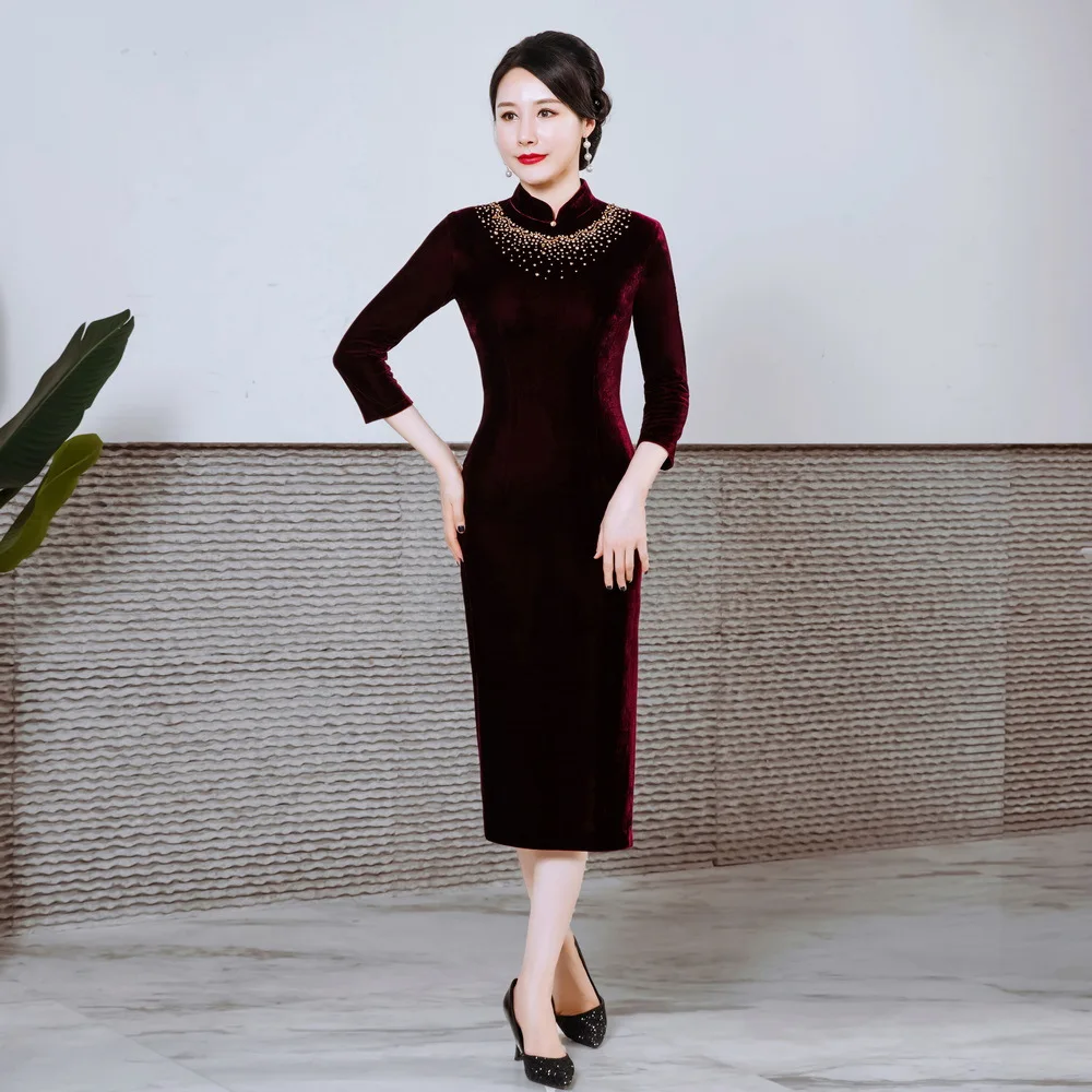 Классический воротник-стойка, велюр, женское длинное традиционное китайское платье Ципао Оверсайз, Изысканное платье со стразами 4XL