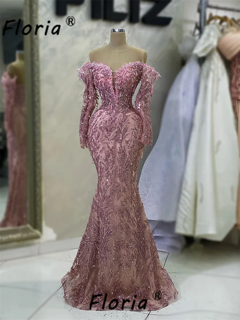 Розовые блестящие вечерние платья, блестящее Арабское вечернее платье с открытыми плечами и длинными рукавами, 2023, полное кристаллов платье для выпускного вечера, халаты