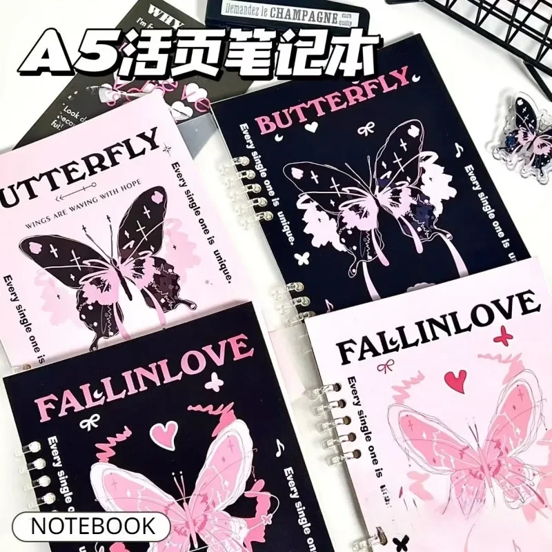 A5 Корейский Y2K Розовый Черный блокнот с бабочкой, Кавайный журнал с отрывными листами, книга-планировщик, канцелярские принадлежности для студентов, школьные принадлежности для девочки